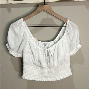 Hollister White Puff Crop Blouse Vintage Y2K Halter Top Eyelet Lace Baby Doll